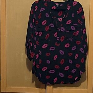 Torrid Black Blouse with Red and Purple Lip Print